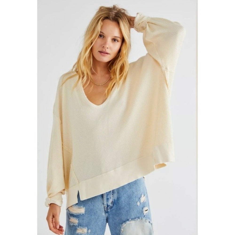 Free People Buttercup Cream Waffle Knit Oversized Thermal Sweater Size Medium